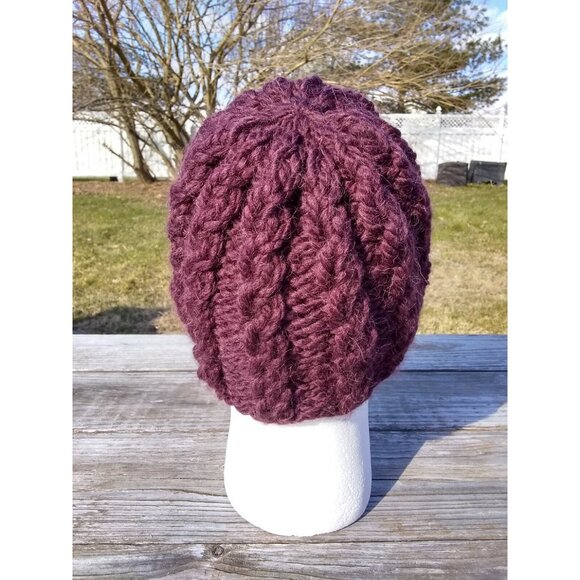 Womens Chunky Alpaca Beanie Skully Hat Handmade Knit Unisex Burgundy Men Red M/L - Picture 4 of 9